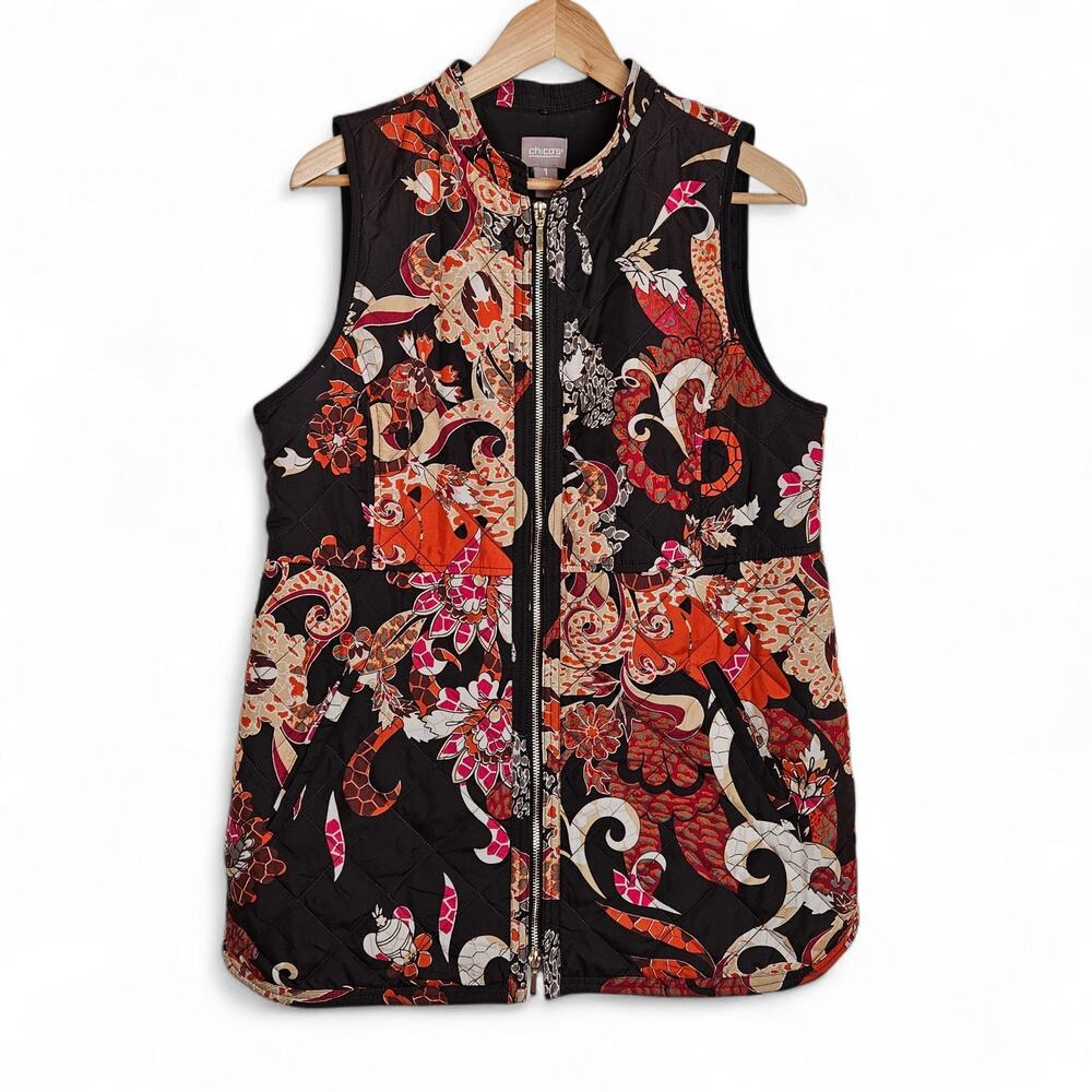 Chico's Womens Floral Quilted Zip-up Vest Size M Boho Artsy Earth Tones